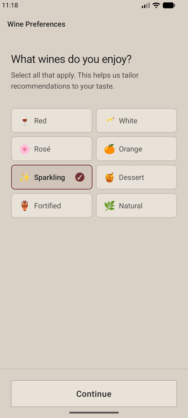 Sommate wine preferences screen